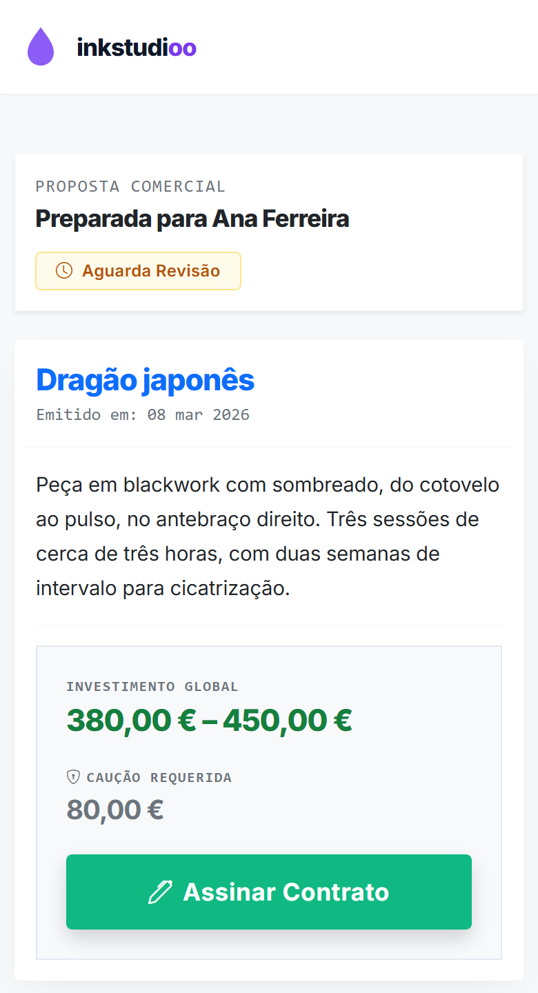Proposta aberta no telemóvel do cliente, com o valor, a caução e o botão para assinar